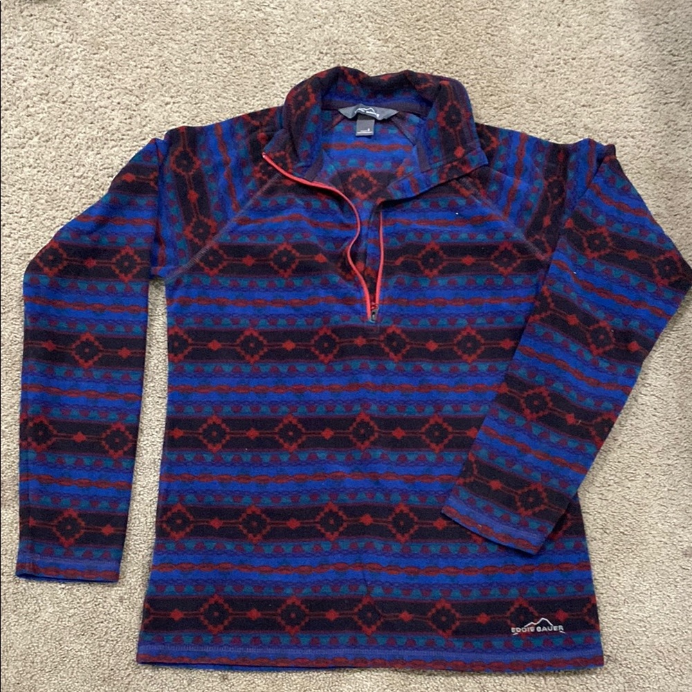 Womens Blue and Red Patterned Sweater